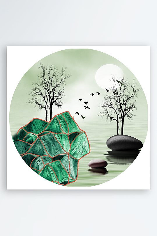 湖泊风景画圆形装饰画-众图网