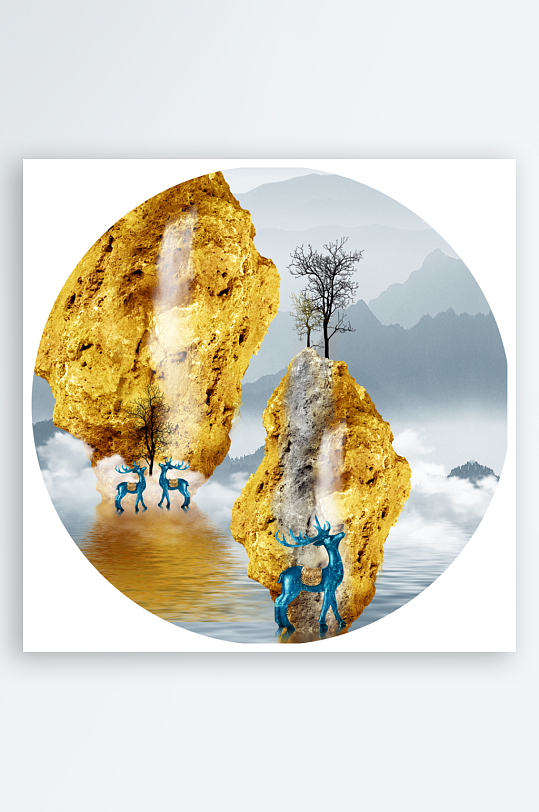 湖泊风景画圆形装饰画-众图网