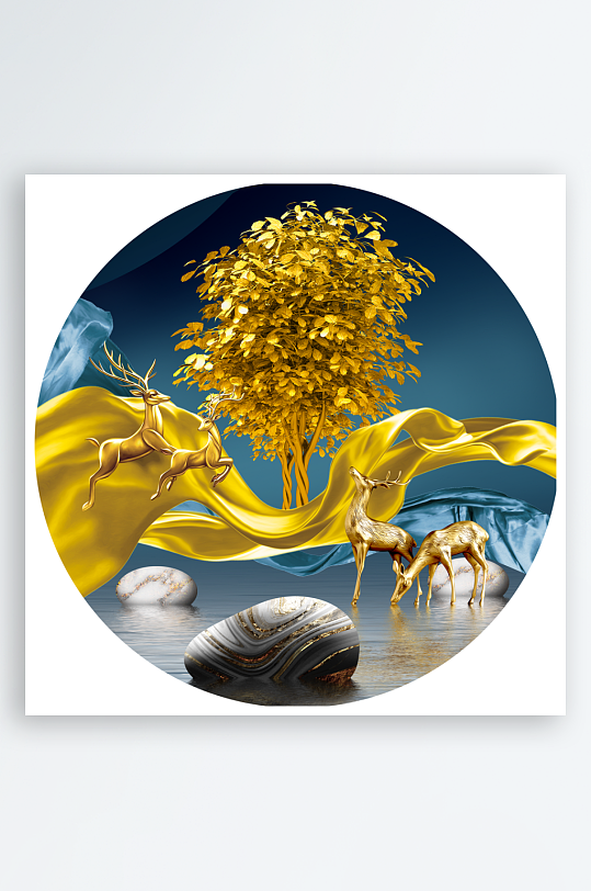 麋鹿风景画圆形装饰画-众图网