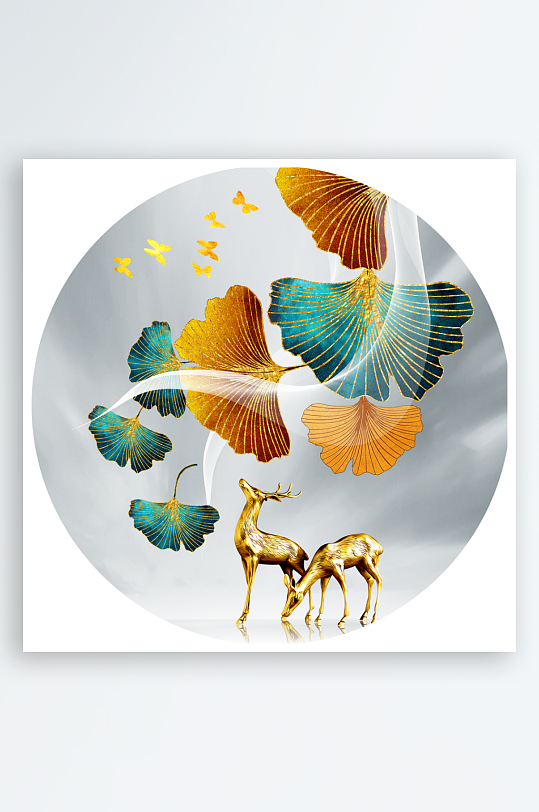 麋鹿风景画圆形装饰画-众图网