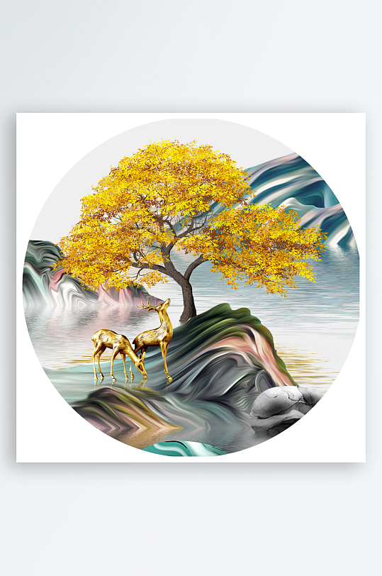 麋鹿风景画圆形装饰画-众图网