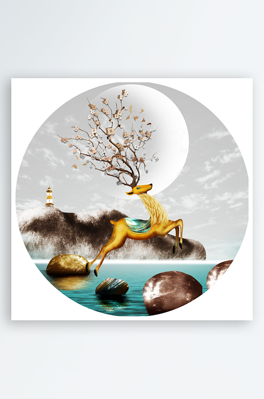 麋鹿风景画圆形装饰画-众图网