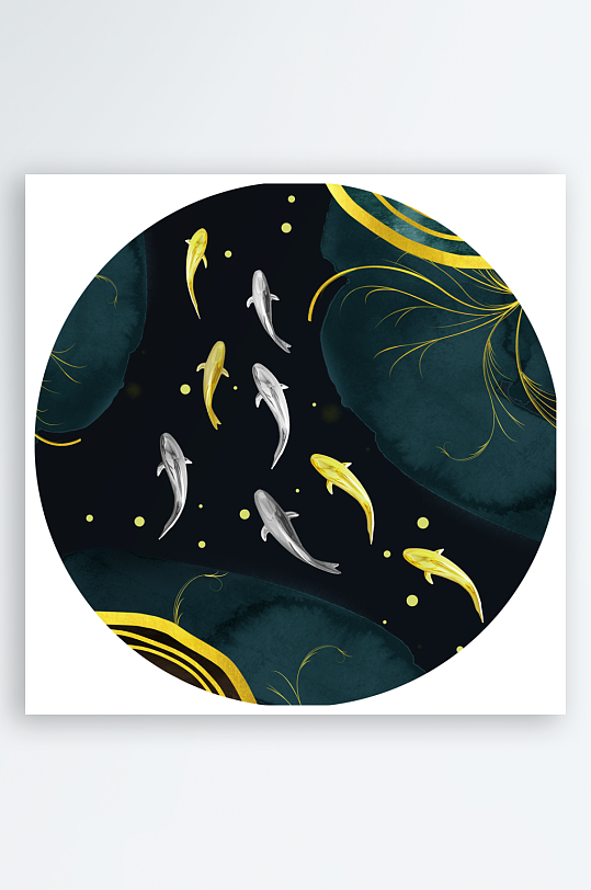 轻奢游鱼圆形装饰画-众图网