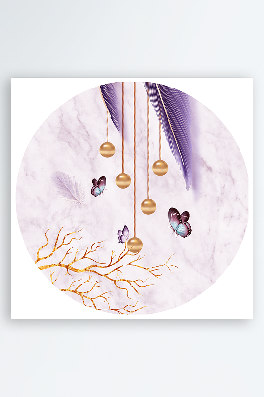 轻奢蝴蝶羽毛圆形装饰画-众图网