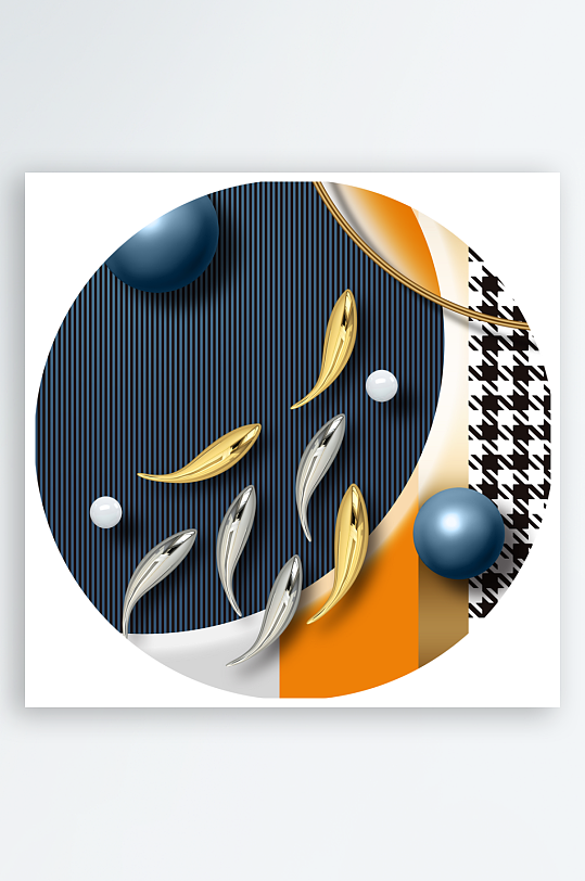 轻奢几何游鱼圆形装饰画-众图网