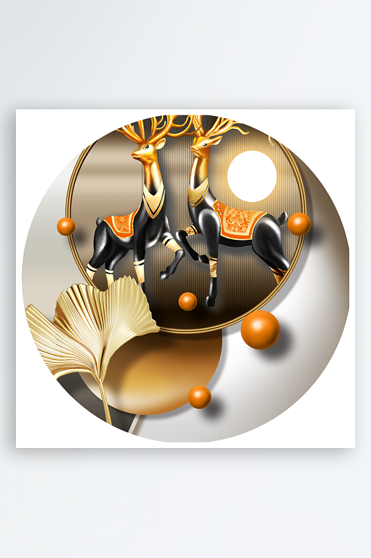 轻奢树叶圆形装饰画-众图网