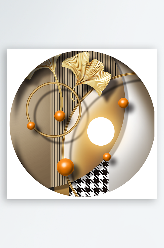 轻奢树叶圆形装饰画-众图网