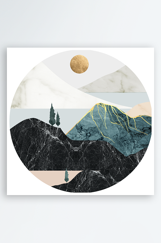 轻奢山脉湖泊风景画圆形装饰画-众图网
