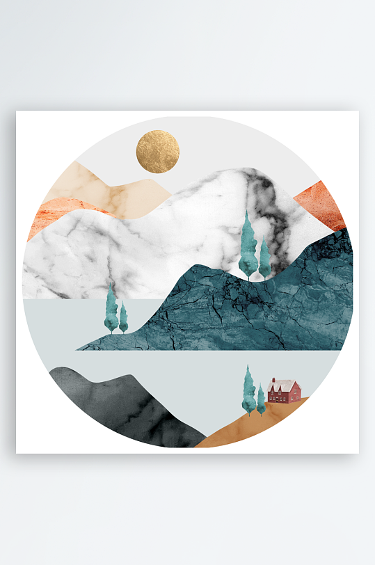 轻奢山脉湖泊风景画圆形装饰画-众图网