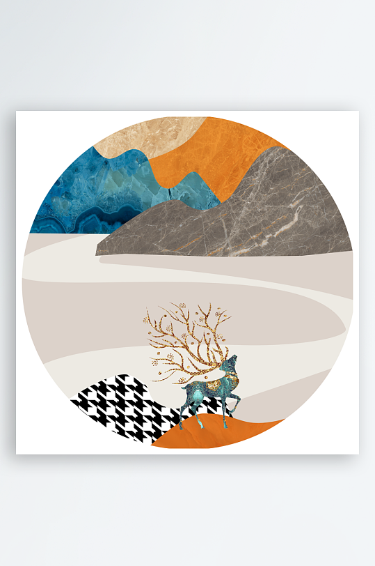 轻奢山脉湖泊风景画圆形装饰画-众图网