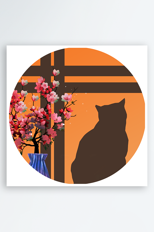 轻奢猫咪剪影圆形装饰画-众图网