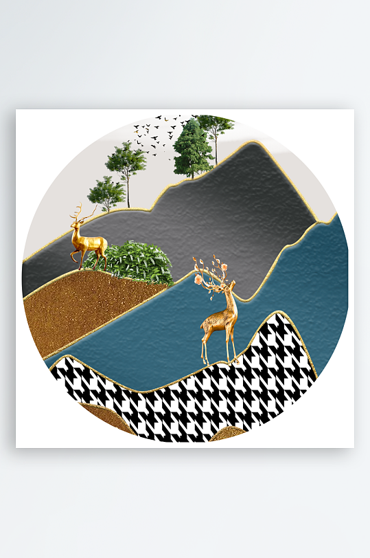 轻奢山脉麋鹿风景画圆形装饰画-众图网