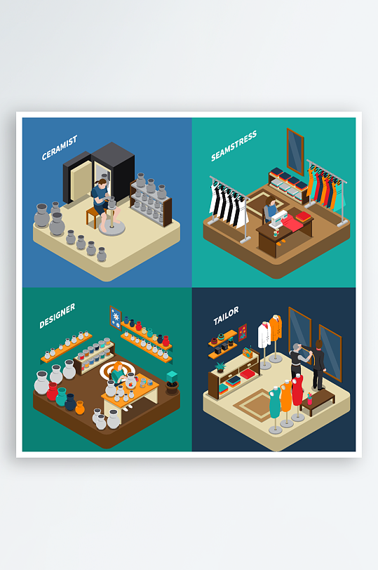 多样室内场景等距插画-众图网