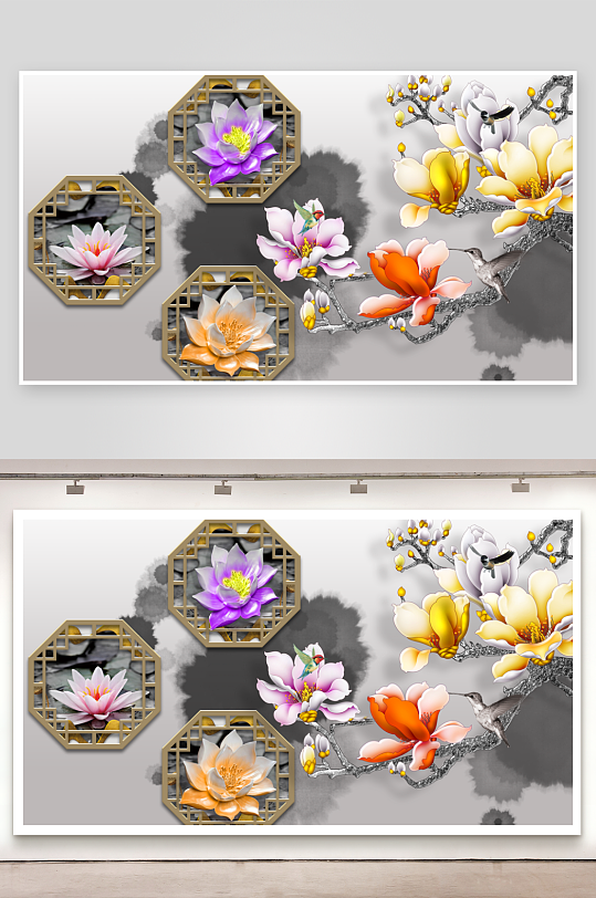 唯美花卉背景墙装饰画素材-众图网