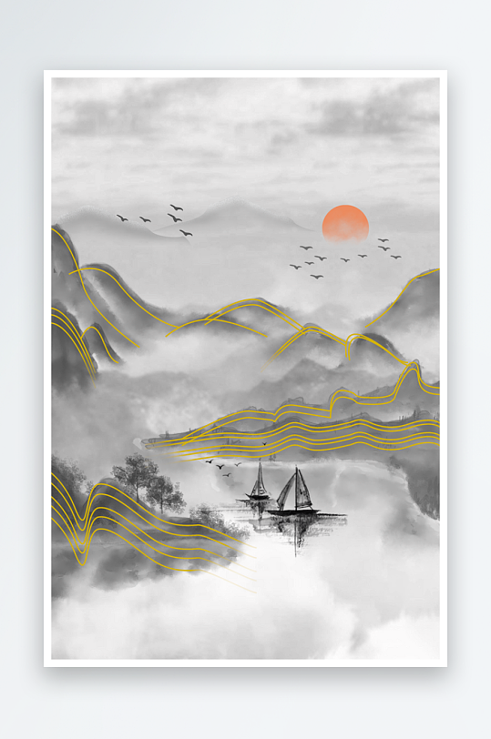 中式水墨山水风景画装饰画-众图网