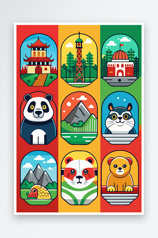 熊猫绿植图标插画元素-众图网