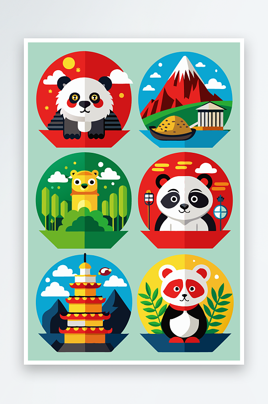 熊猫绿植图标插画元素-众图网