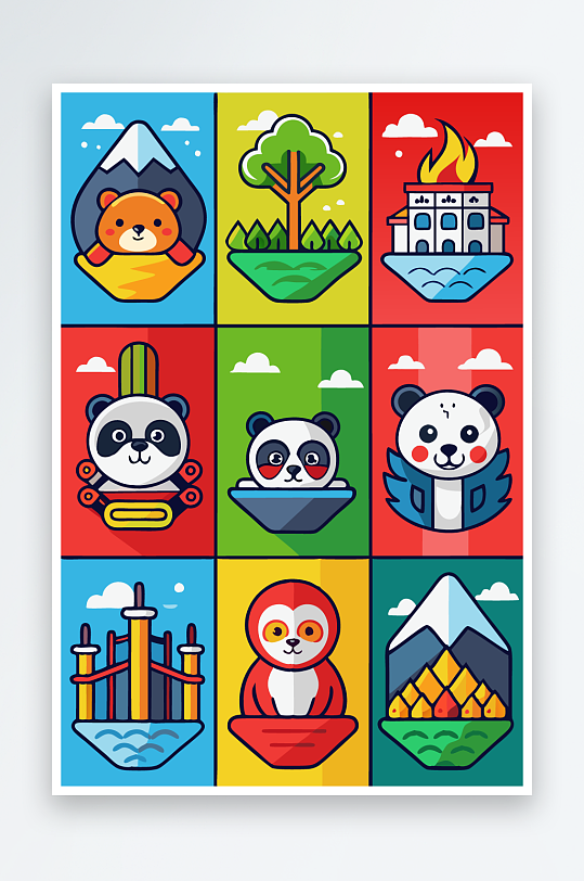 熊猫绿植图标插画元素-众图网