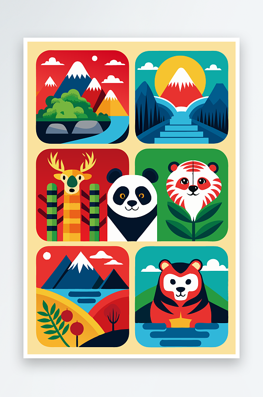 熊猫绿植图标插画元素-众图网