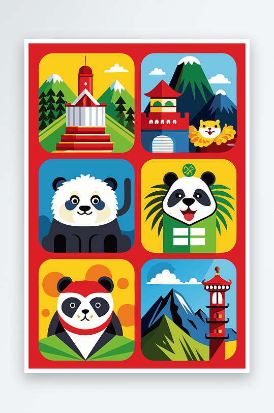 熊猫绿植图标插画-众图网