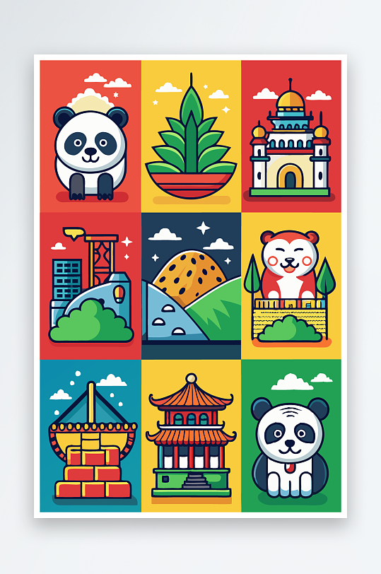 熊猫绿植图标插画-众图网