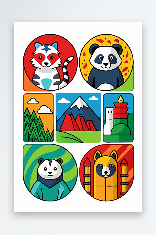 熊猫绿植图标插画-众图网