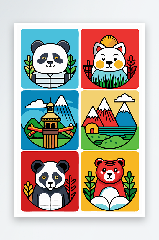 熊猫绿植图标插画元素-众图网