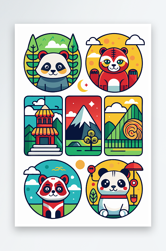 熊猫绿植图标插画-众图网