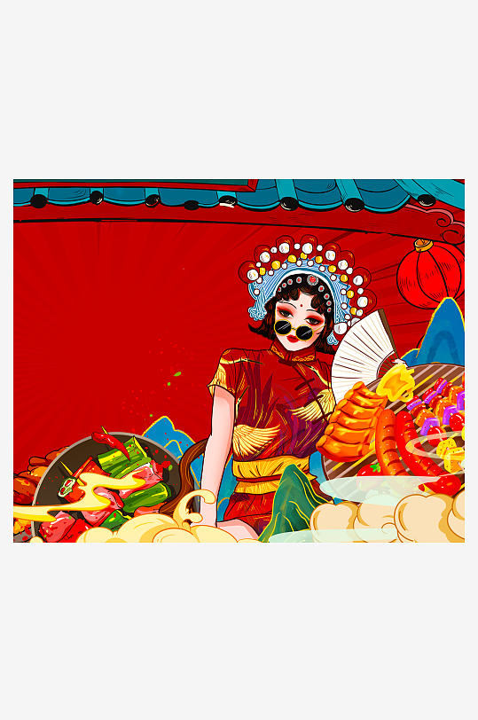 国潮风美食背景素材-众图网