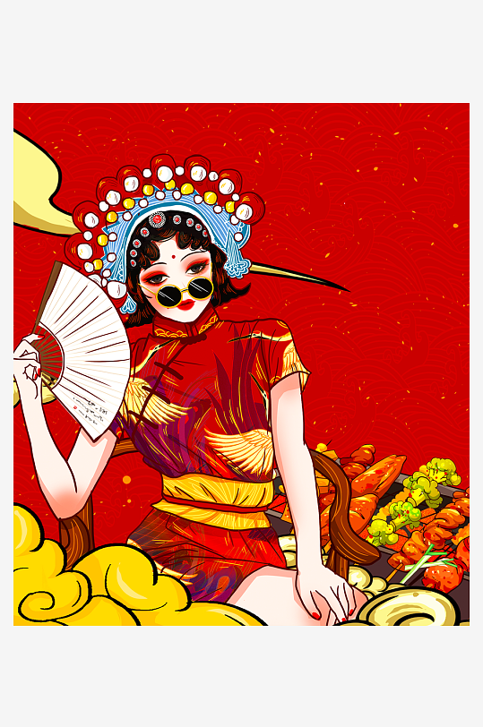 国潮风美食背景模板-众图网