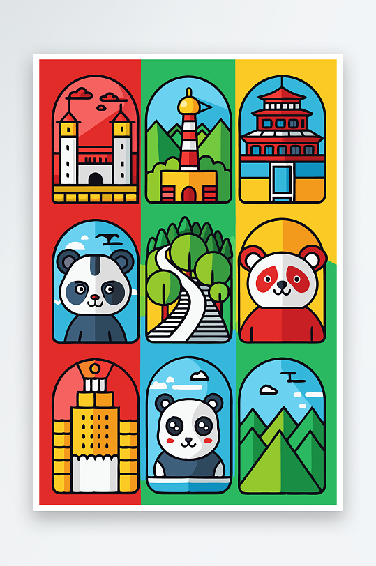 熊猫卡通矢量图标-众图网