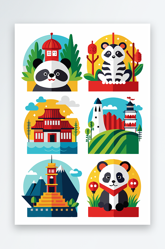 熊猫卡通矢量图标-众图网