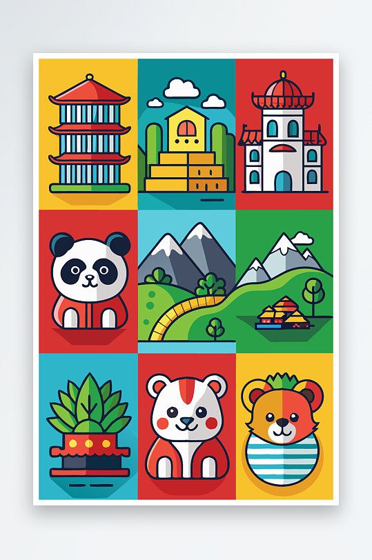 熊猫卡通矢量图标-众图网