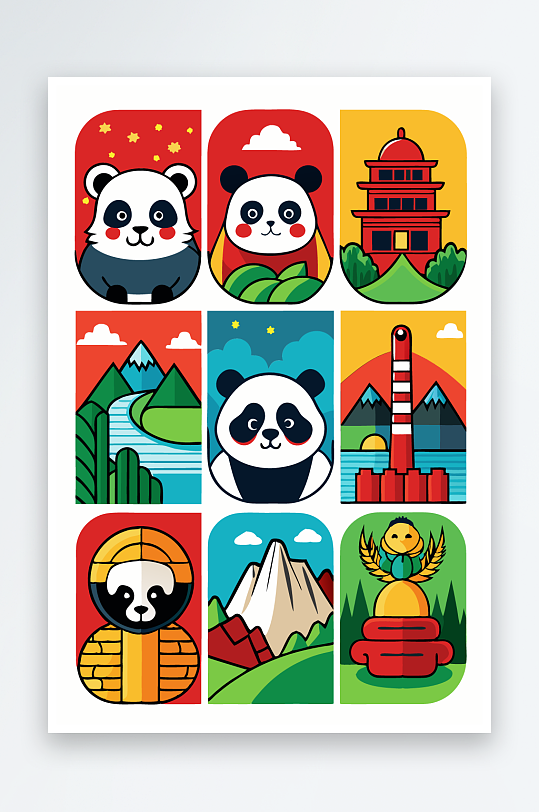 熊猫卡通矢量图标图形-众图网