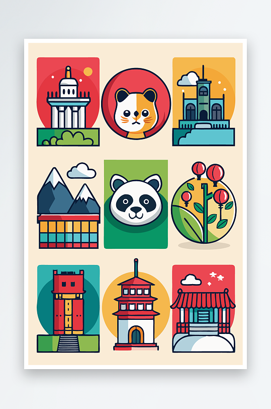 熊猫卡通矢量图标图形-众图网