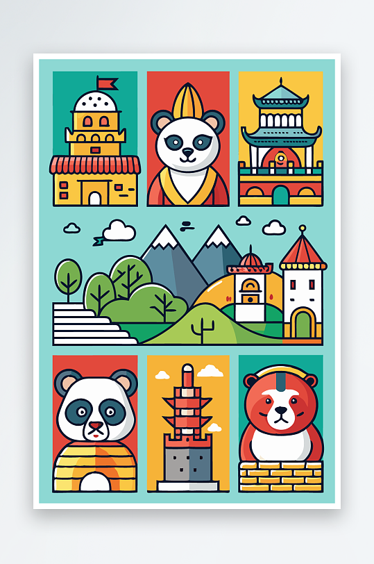 熊猫卡通矢量图标图形元素-众图网