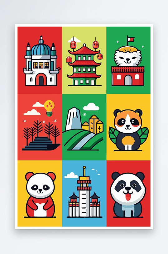 熊猫卡通矢量图标图形元素-众图网