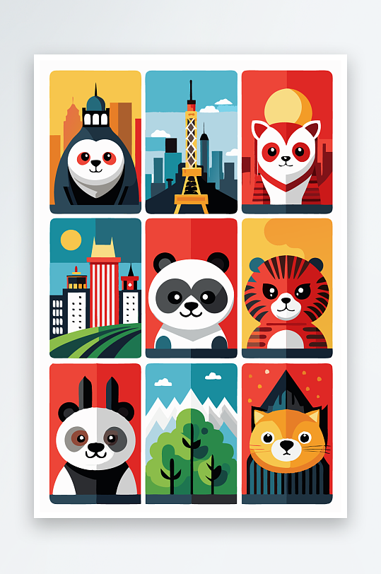 熊猫卡通矢量图标图形元素-众图网