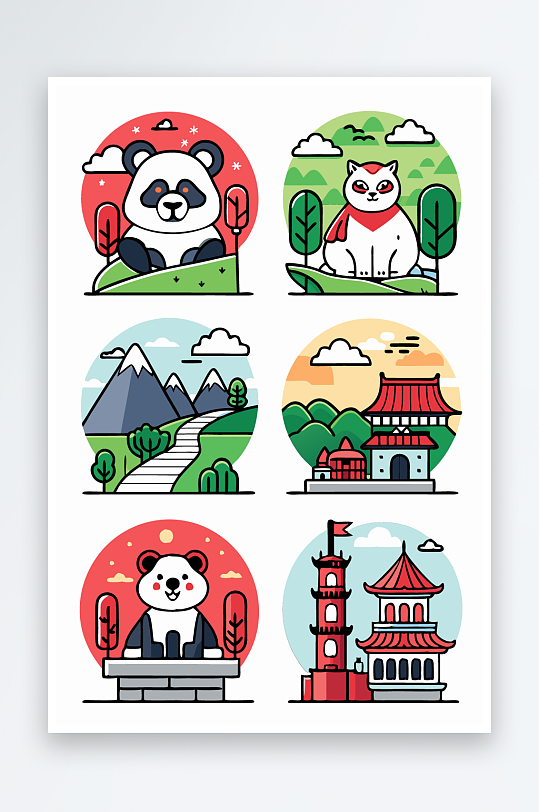 熊猫卡通矢量图标图形-众图网