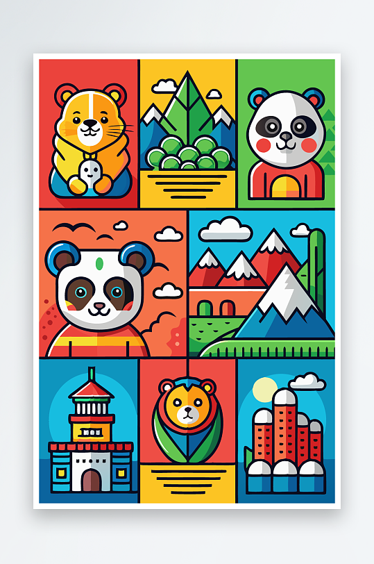熊猫卡通矢量图标图形-众图网