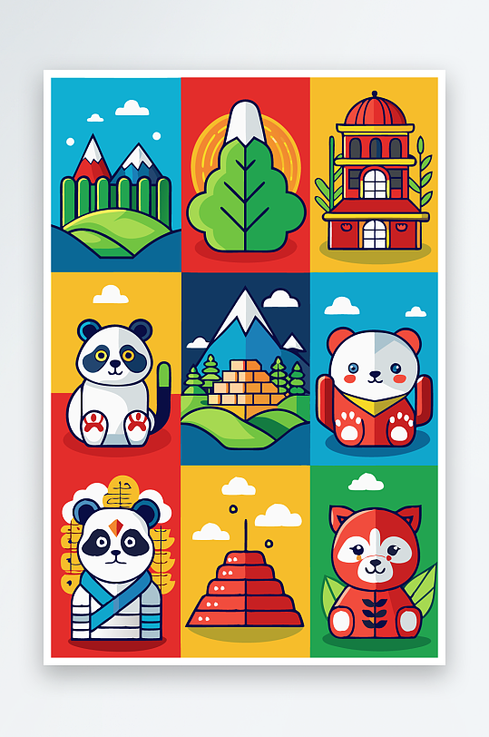 熊猫卡通矢量图标图形元素-众图网