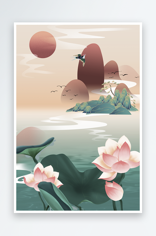 水墨莲花风景画装饰画-众图网