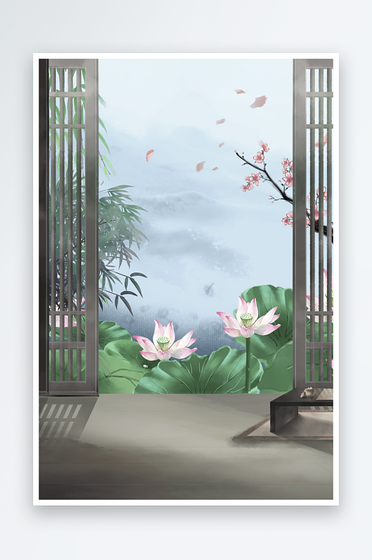 水墨莲花风景画装饰画-众图网