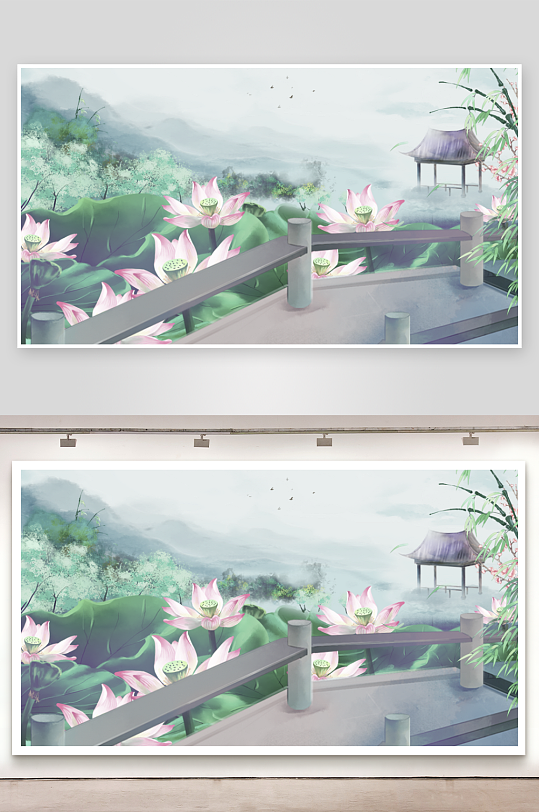 水墨莲花风景画装饰画素材-众图网