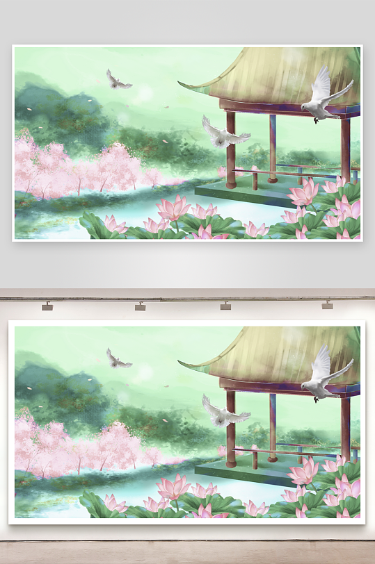 水墨莲花风景画装饰画素材-众图网