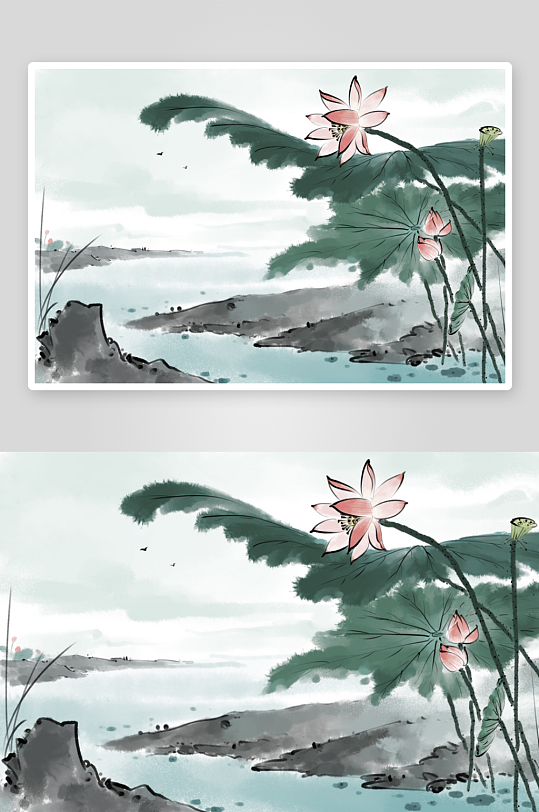 水墨莲花风景画装饰画素材-众图网
