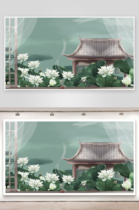 水墨莲花风景画装饰画素材-众图网