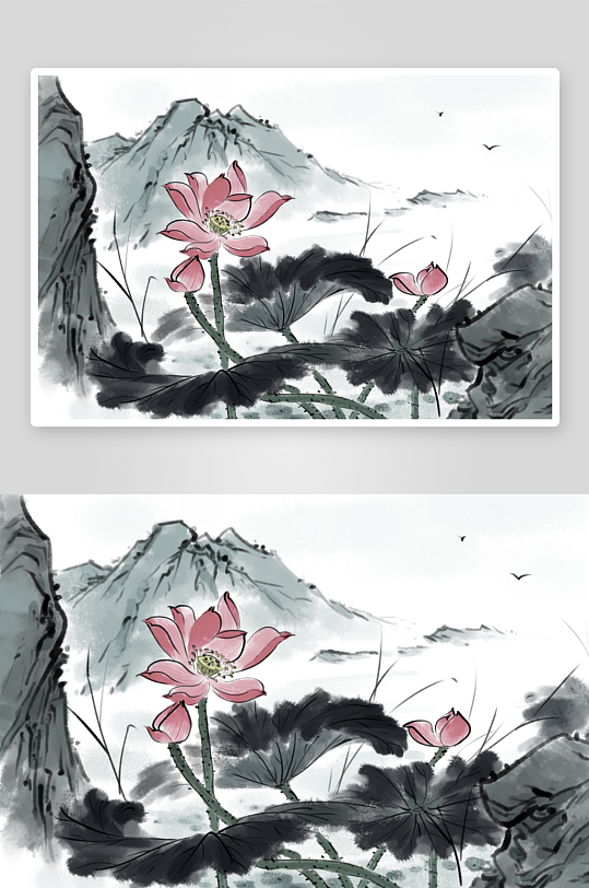 水墨莲花荷花风景画图片素材-众图网