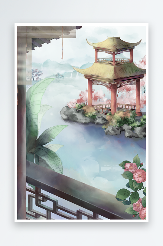 水墨莲花荷花风景画-众图网