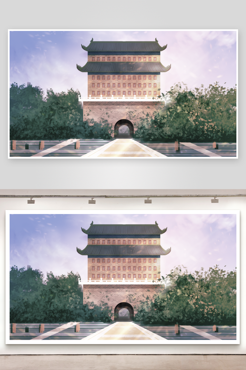 古建筑风景画插画素材